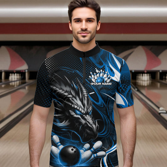 Custom Black And Blue Flame Dragon Bowling Jerseys, Dragon Bowling Team Men Quarter-Zip Shirts IPHW8920