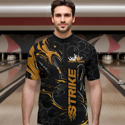 Custom Black And Gold Flame Strike Bowling Team Quarter-Zip Shirts For Men, Strike Bowling Jerseys IPHW8614