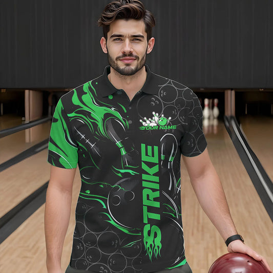 Custom Black And Green Flame Strike Bowling Team Polo Shirts For Men, Strike Bowling Jerseys IPHW8615