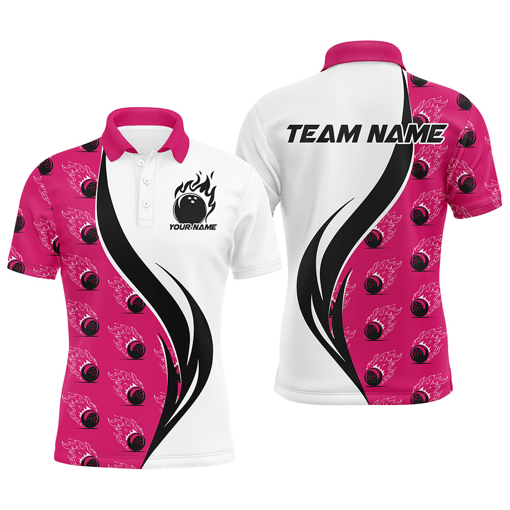 Custom Flame Bowling Polo Shirts For Men, Bowling Team Uniforms With Name | Pink IPHW6975