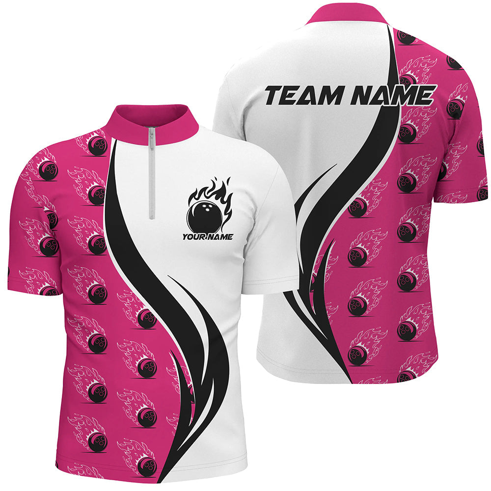 Custom Flame Bowling Polo Shirts For Men, Bowling Team Uniforms With Name | Pink IPHW6975