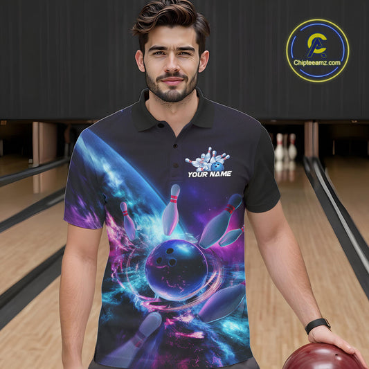 Custom Galaxy Bowling Men Polo Shirts, Holographic Bowling Jersey Bowling League Shirt IPHW9501