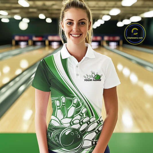 Female model in a bowling alley wearing a white and green polo shirt with dynamic curved bowling strike artwork and motion accents.