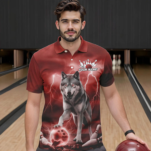 Red Thunder Lightning Custom Wolf Bowling Polo Shirts For Men, Wolf Bowling Team Shirt IPHW8425