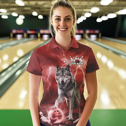 Red Thunder Lightning Custom Wolf Bowling Polo Shirts For Women, Wolf Bowling Team Shirt IPHW8425