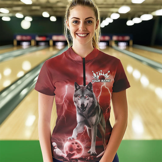 Red Thunder Lightning Custom Wolf Bowling Womens Quarter-Zip Shirts, Bowling Team Shirt IPHW8425
