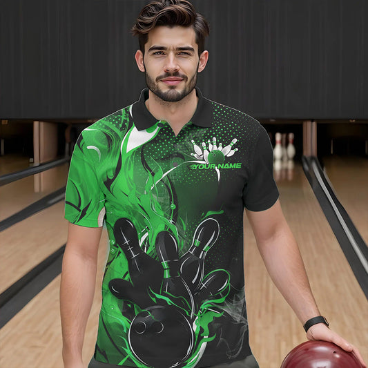 Black And Green Custom Flame Bowling Polo Shirts For Men, Fire Bowling League Team Shirt IPHW8632