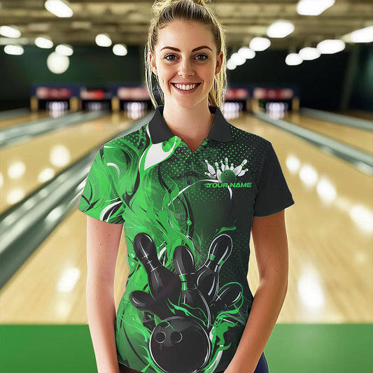 Black And Green Custom Flame Bowling Polo Shirts For Women, Fire Bowling League Team Shirt IPHW8632