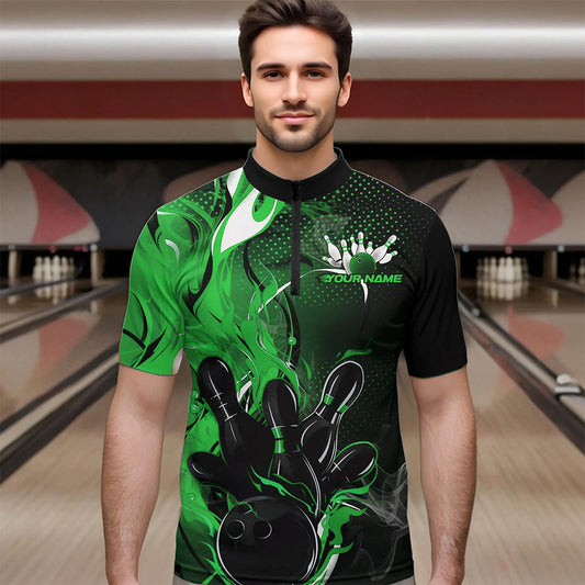 Black And Green Custom Flame Bowling Quarter-Zip Shirts For Men, Fire Bowling League Team Shirt IPHW8632