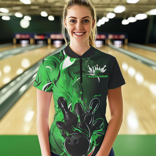 Black And Green Custom Flame Bowling Womens Quarter-Zip Shirts, Fire Bowling League Shirt IPHW8632