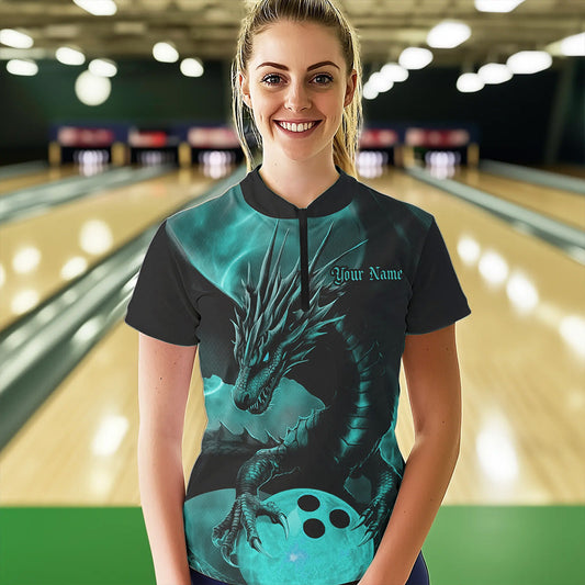 Black And Turquoise Blue Custom Dragon Bowling Womens Quarter-Zip Shirts, Team Uniform IPHW8645