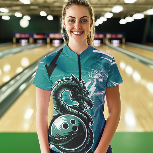 Custom Black And Blue Thunder Lightning Dragon Bowling Jerseys Womens Quarter-Zip Shirts IPHW8661