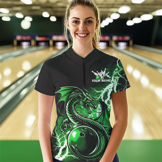 Custom Black And Green Thunder Lightning Dragon Bowling Womens Quarter-Zip Shirts IPHW8665