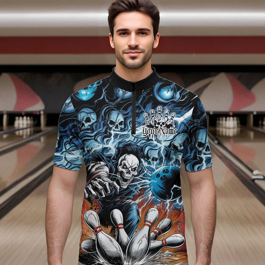Custom Rock Style Skull Bowling Quarter-Zip Shirts For Men, Funny Skeleton Bowlers Outfit IPHW8934