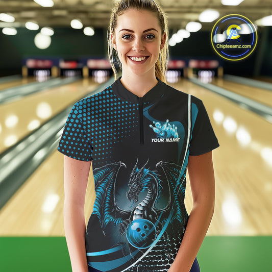 Custom Red Dragon Bowling Jerseys, Mystical Bowling Team Uniform Women Quarter-Zip Shirt IPHW9536