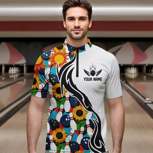 Custom Sunflower Bowling Pattern Quarter-Zip Shirts For Men, Sunflower Bowling Team Shirts IPHW8439