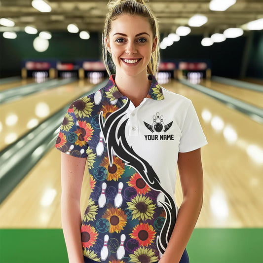 Custom Sunflower Bowling Pattern Polo Shirts For Women, Sunflower Bowling Team Shirts IPHW8442