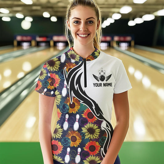 Custom Sunflower Bowling Pattern Quarter-Zip Shirt For Women, Sunflower Bowling Team Shirt IPHW8442