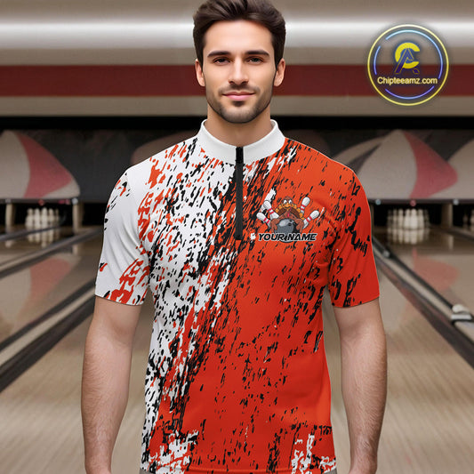 Custom Funny Orange Thanksgiving Turkey Bowling Men Quarter-Zip Shirts, Turkey Bowling Jerseys IPHW9765