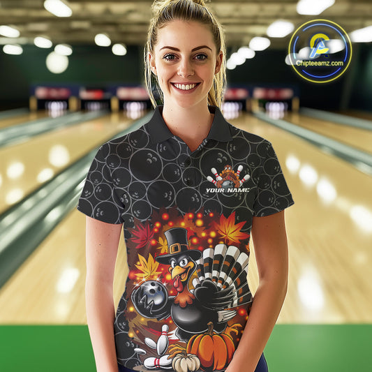 Custom Funny Thanksgiving Turkey Bowling Women Polo Shirts, Autumn Bowling Shirt IPHW9771