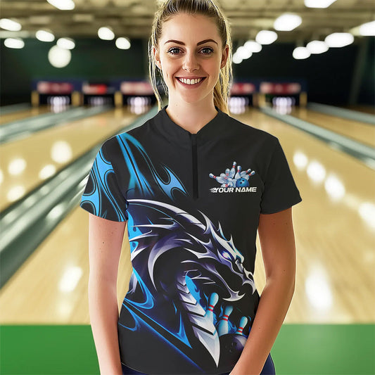Custom Black And Blue Flame Dragon Bowling Women Quarter-Zip Shirts, Bowling League Shirt IPHW8702
