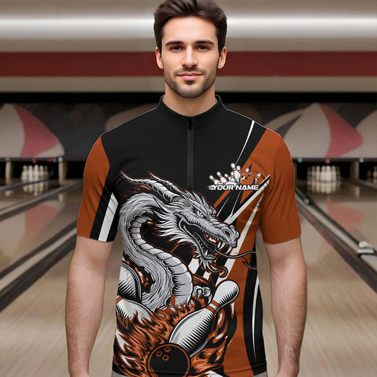 Custom Black And Orange Flame Dragon Bowling Jerseys, Dragon Men Bowling Team Quarter-Zip Shirts IPHW8711