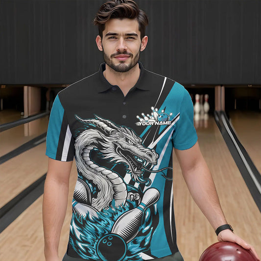Custom Black And Blue Flame Dragon Bowling Jerseys, Dragon Men Bowling Team Polo Shirts IPHW8712