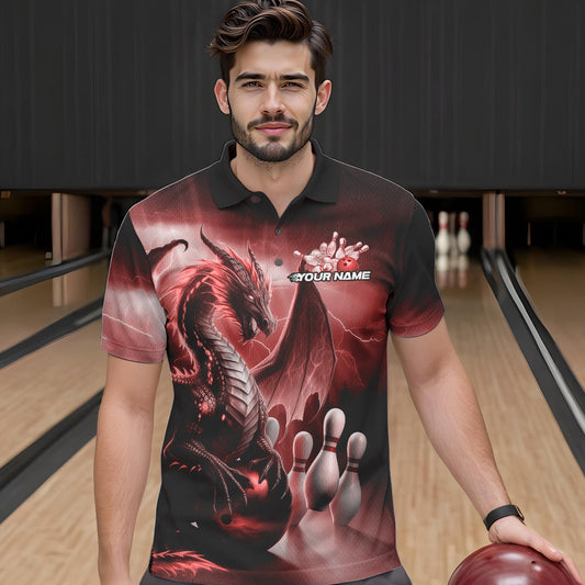 Custom Red Thunder Lightning Dragon Bowling Polo Shirts For Men, Bowling Team Uniform IPHW8952