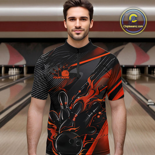 Custom Black And Orange Flame Bowling Team Men Quarter-Zip Shirts, Fire Bowling Jerseys IPHW9780