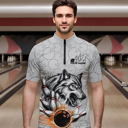 Custom Gray And Red Wolf Bowling Quarter-Zip Shirts For Men, Wolf Bowling Tournament Shirt IPHW8717