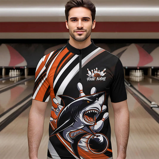 Custom Black And Orange Shark Bowling Quarter-Zip Shirts For Men, Shark Bowling Team Jerseys IPHW8723