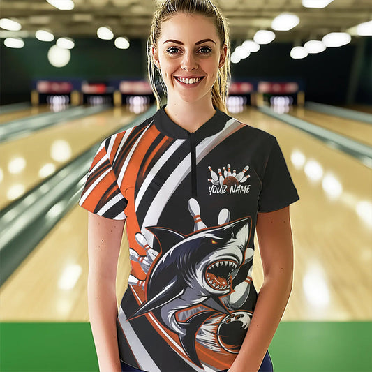 Custom Black And Orange Shark Bowling Women Quarter-Zip Shirts, Shark Bowling Team Jerseys IPHW8723