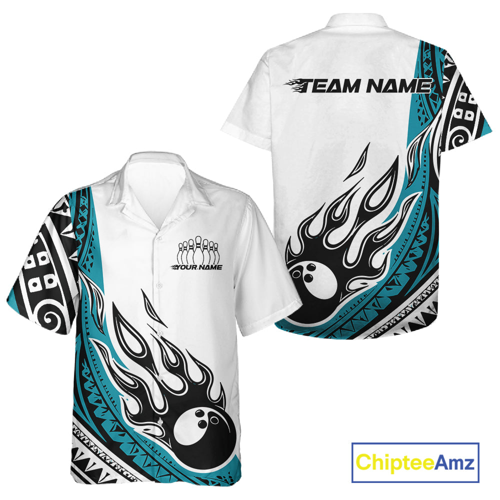 Custom Blue Tribal Polynesian Pattern Men And Women Bowling Team Shirt, Maori Style Bowling Outfit IPHW10327