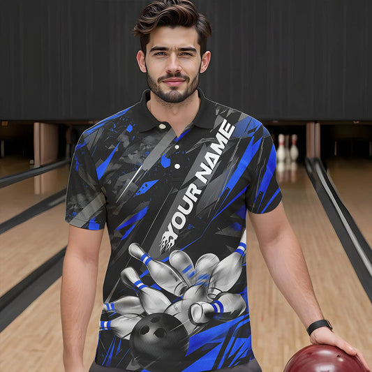 Custom Black And Blue Bowling Polo Shirts For Men, Bowling Tournament Team Uniform IPHW8528