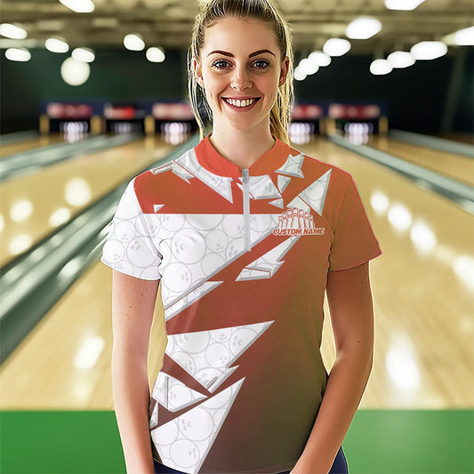Custom White And Orange Bowling Team Women Quarter-Zip Shirt, Bowling Ball Pattern Outfit IPHW8743