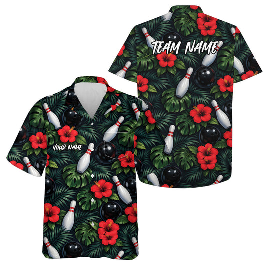 Custom Tropical Leaves And Hibiscus Flower Hawaiian Bowling Shirts For Men And Women IPHW10843