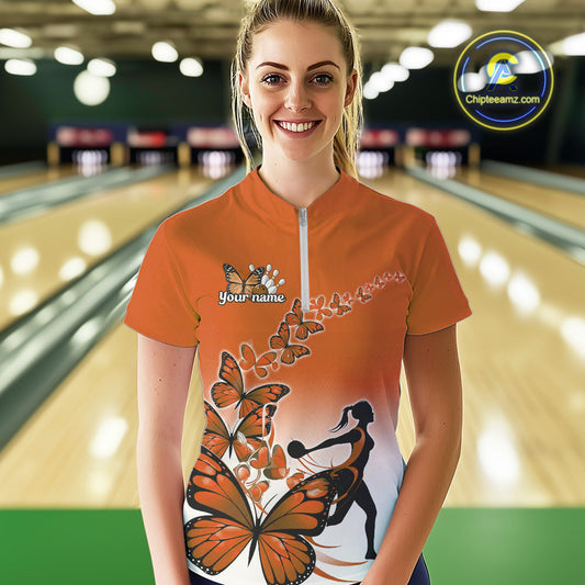 Custom Orange Gradient Butterfly Bowling Team Women Quarter-Zip Shirts, Bowlers Outfit IPHW9010