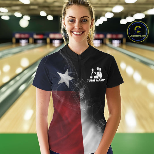 Custom Smoke Texas Flag Bowling Women Team Shirts, Patriotic Texas Bowling Jerseys IPHW10625