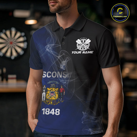 Custom Smoke Flame Wisconsin Flag Patriotic Darts Shirt For Men, Dart League Team Jerseys IPHW10633