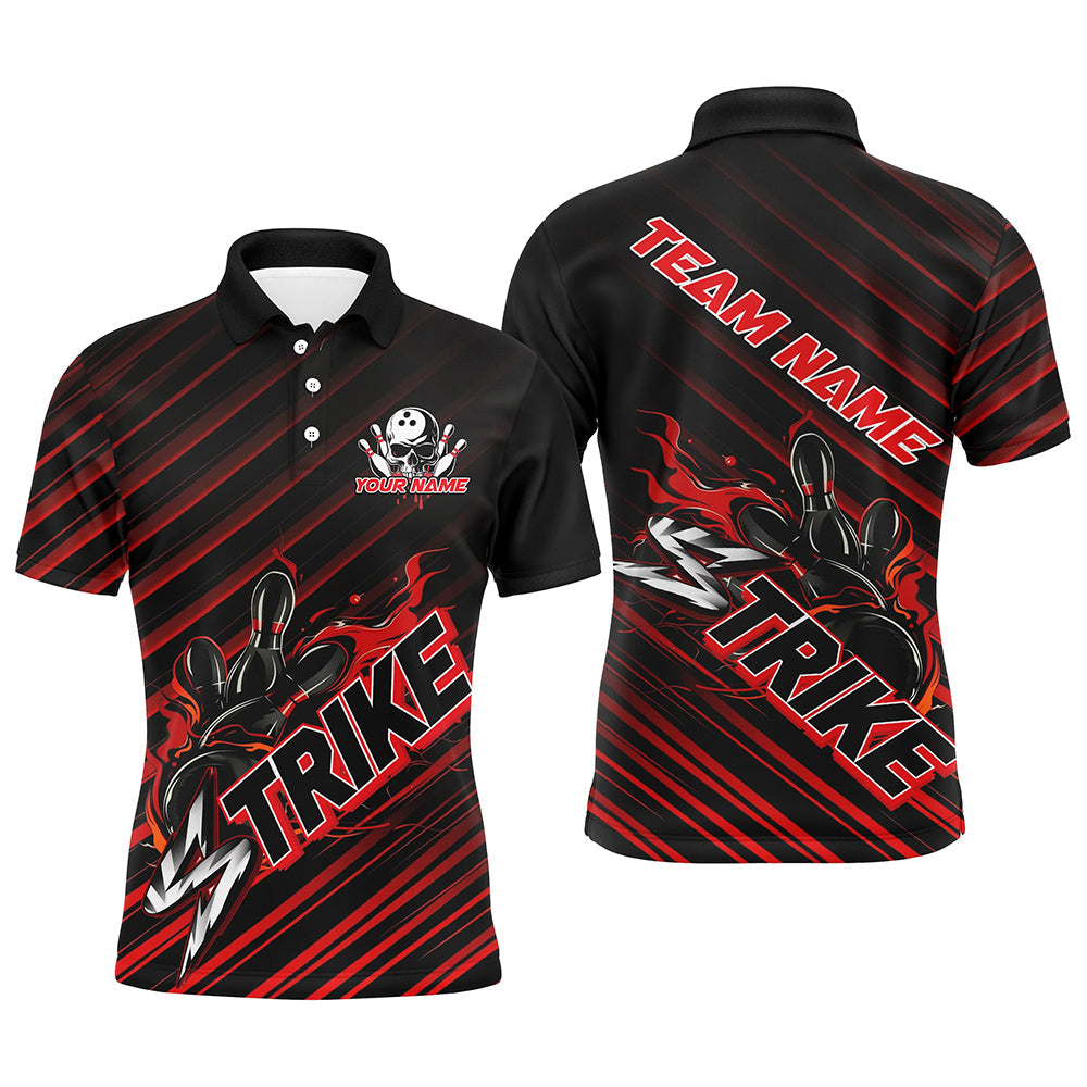 Custom Black And Red Flame Strike Bowling Shirts For Men, Bowling League Bowling Uniform IPHW7338