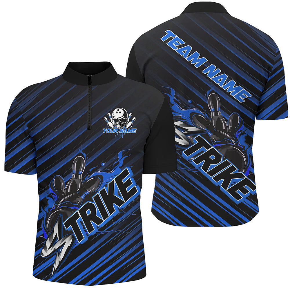 Custom Black And Blue Flame Strike Bowling Shirts For Men, Bowling League Bowling Uniform IPHW7339