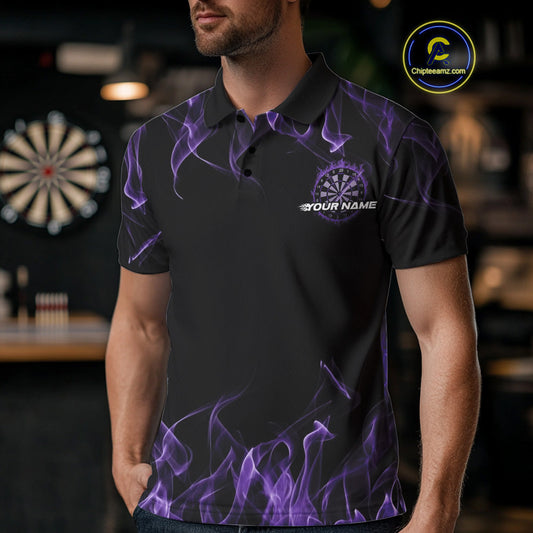 Custom Black And Purple Flame Dartboard Dart Polo Shirts For Men, Dart Players Outfits IPHW9964