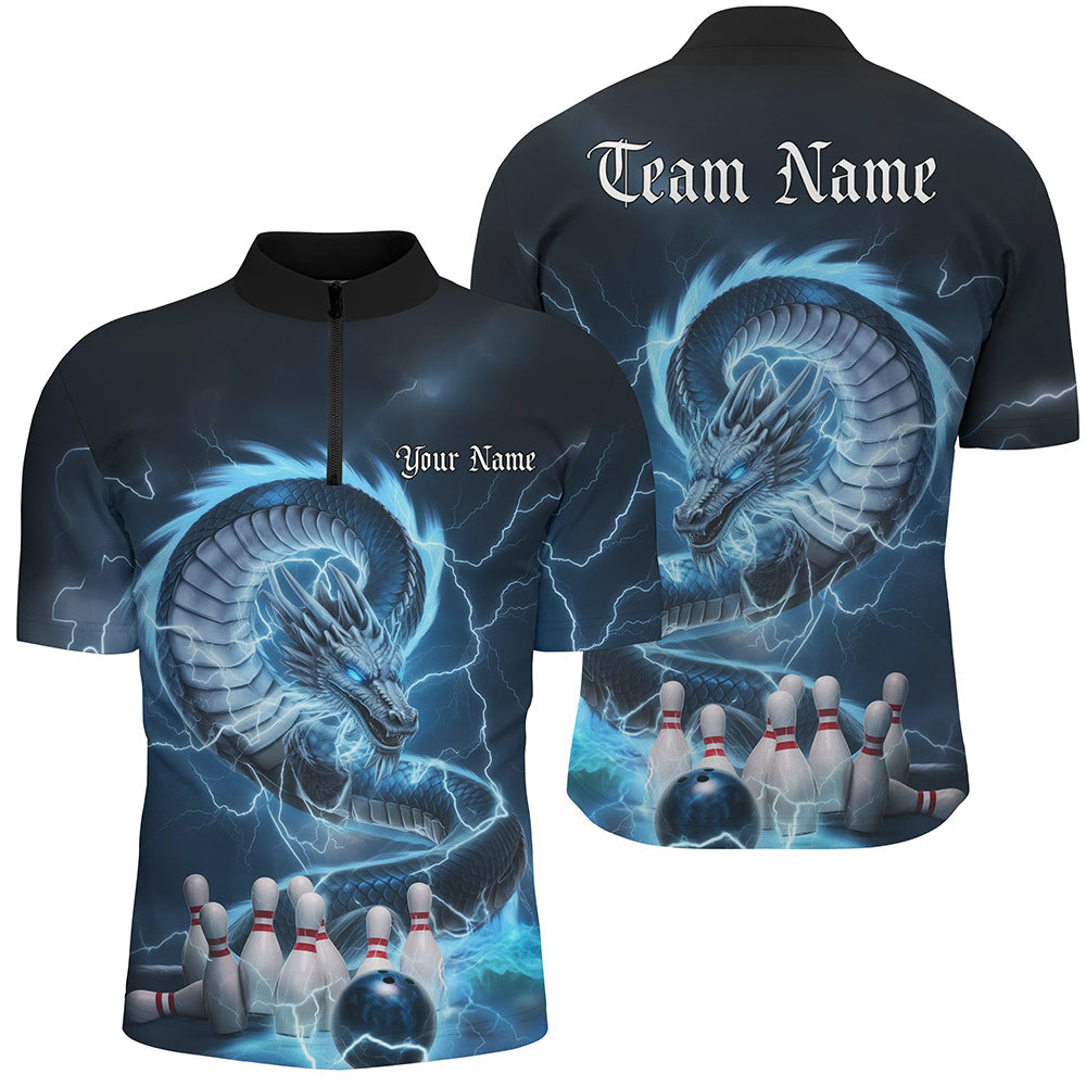 Custom Blue Thunder Lightning Dragon Bowling Quarter-Zip Shirts For Men Bowling Jerseys IPHW8074