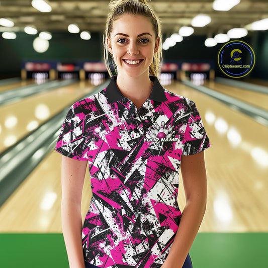 Custom Graffity Pink Camo Bowling Team Women Polo Shirts, Camouflage Bowling Jerseys IPHW10214