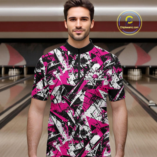 Custom Graffity Pink Camo Bowling Team Men Quarter-Zip Shirts, Camouflage Bowling Jerseys IPHW10214