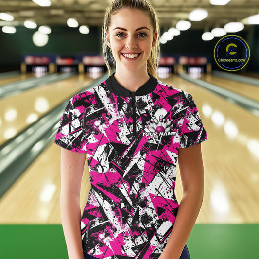Custom Graffity Pink Camo Bowling Team Women Shirts, Camouflage Bowling Jerseys IPHW10214