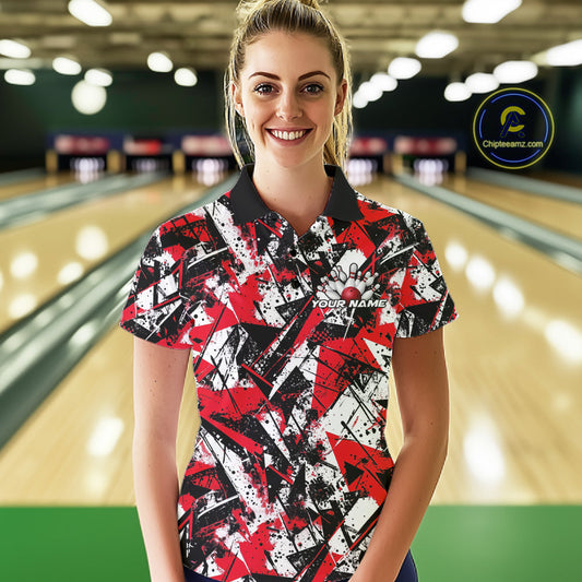 Custom Graffity Red Camo Bowling Team Women Polo Shirts, Camouflage Bowling Jerseys IPHW10218