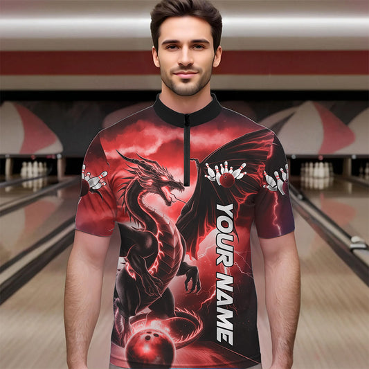Custom Red Thunder Lightning Dragon Bowling Quarter-Zip Shirts For Men, Dragon Bowling Uniform IPHW8303