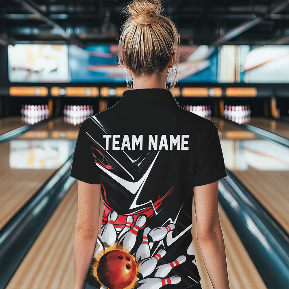 Custom Black And Red Flame Bowling Quarter-Zip Shirts For Women, Fire Bowling Team Uniform IPHW8316