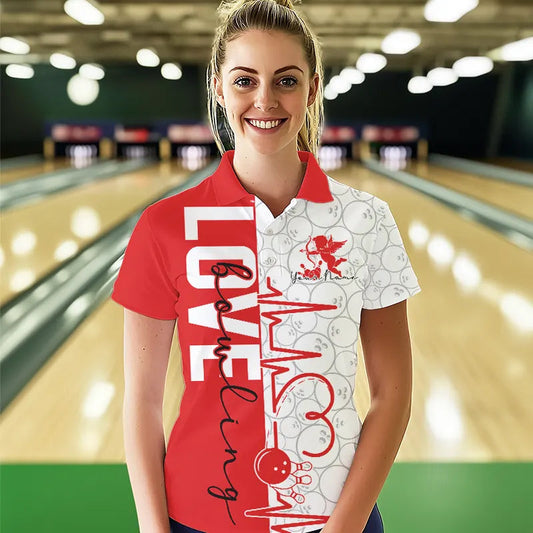 White And Red Custom Love Bowling Polo Shirts For Women, Valentines Couple Bowling Jerseys IPHW8324